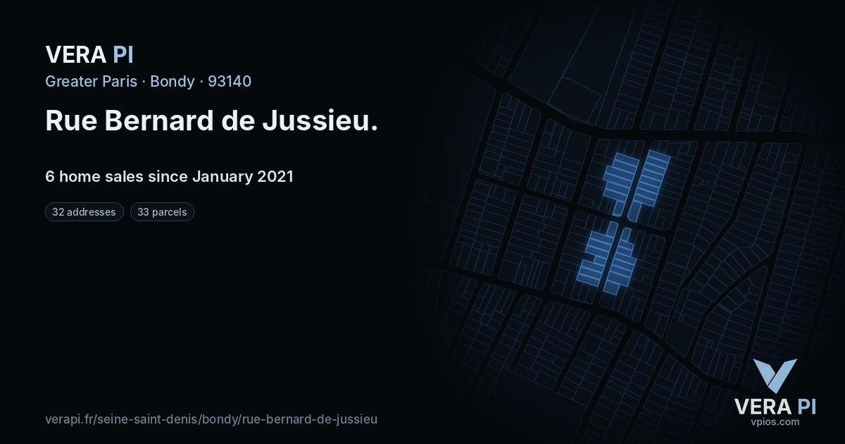 Rue Bernard de Jussieu, Bondy at night – every parcel coloured by the prices around it, the street's own parcels lit