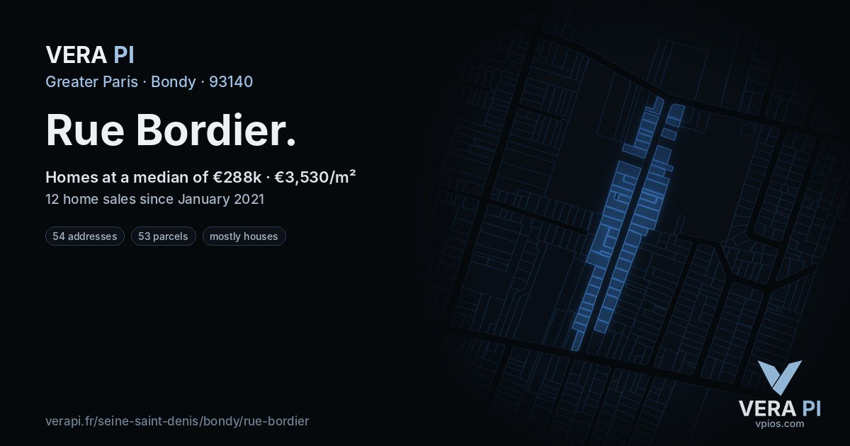 Rue Bordier, Bondy at night – every parcel coloured by the prices around it, the street's own parcels lit