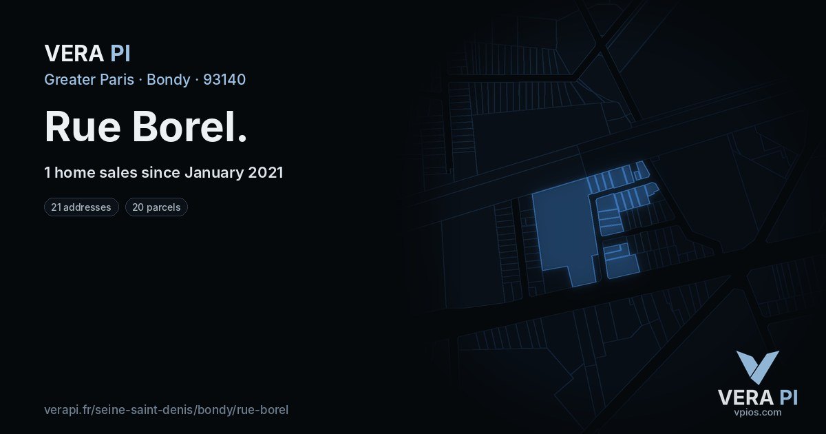 Rue Borel, Bondy at night – every parcel coloured by the prices around it, the street's own parcels lit