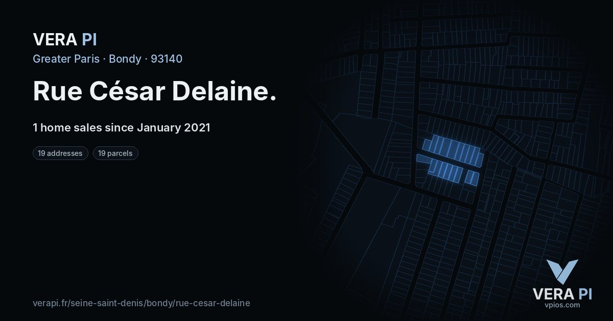 Rue César Delaine, Bondy at night – every parcel coloured by the prices around it, the street's own parcels lit