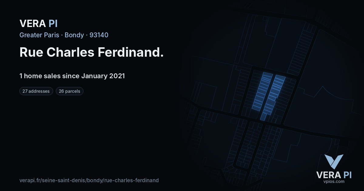 Rue Charles Ferdinand, Bondy at night – every parcel coloured by the prices around it, the street's own parcels lit