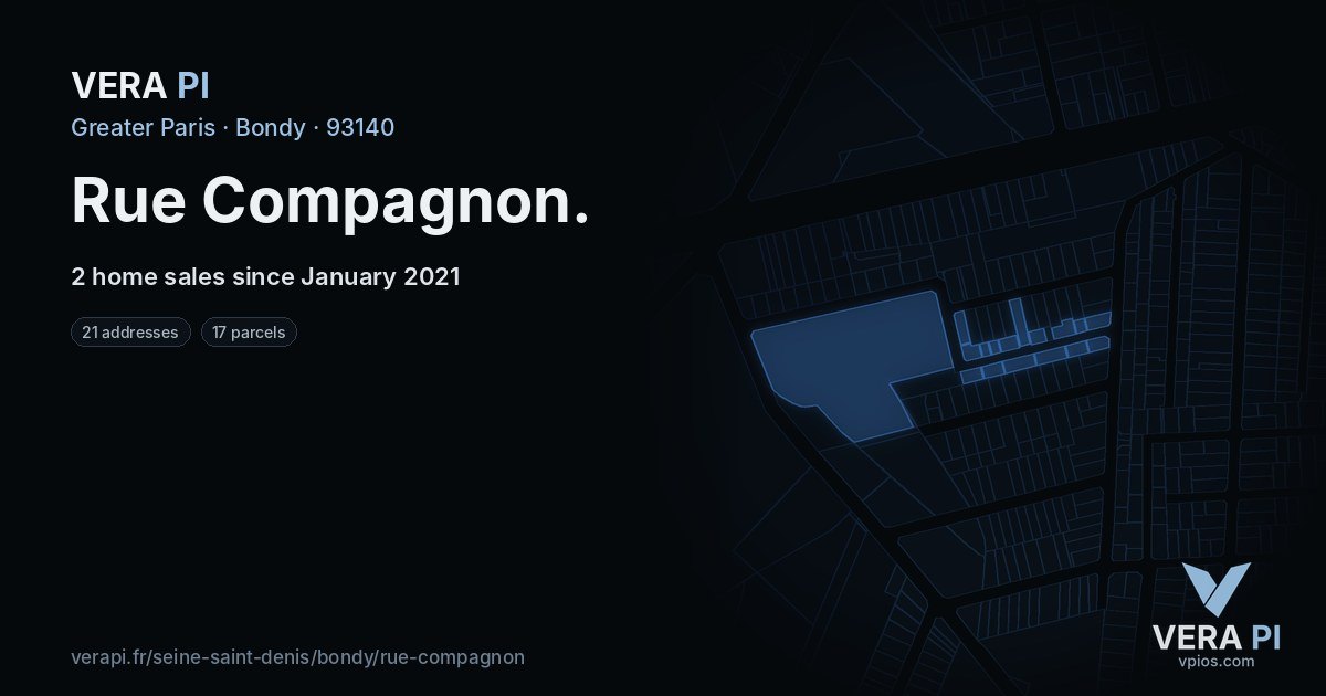 Rue Compagnon, Bondy at night – every parcel coloured by the prices around it, the street's own parcels lit