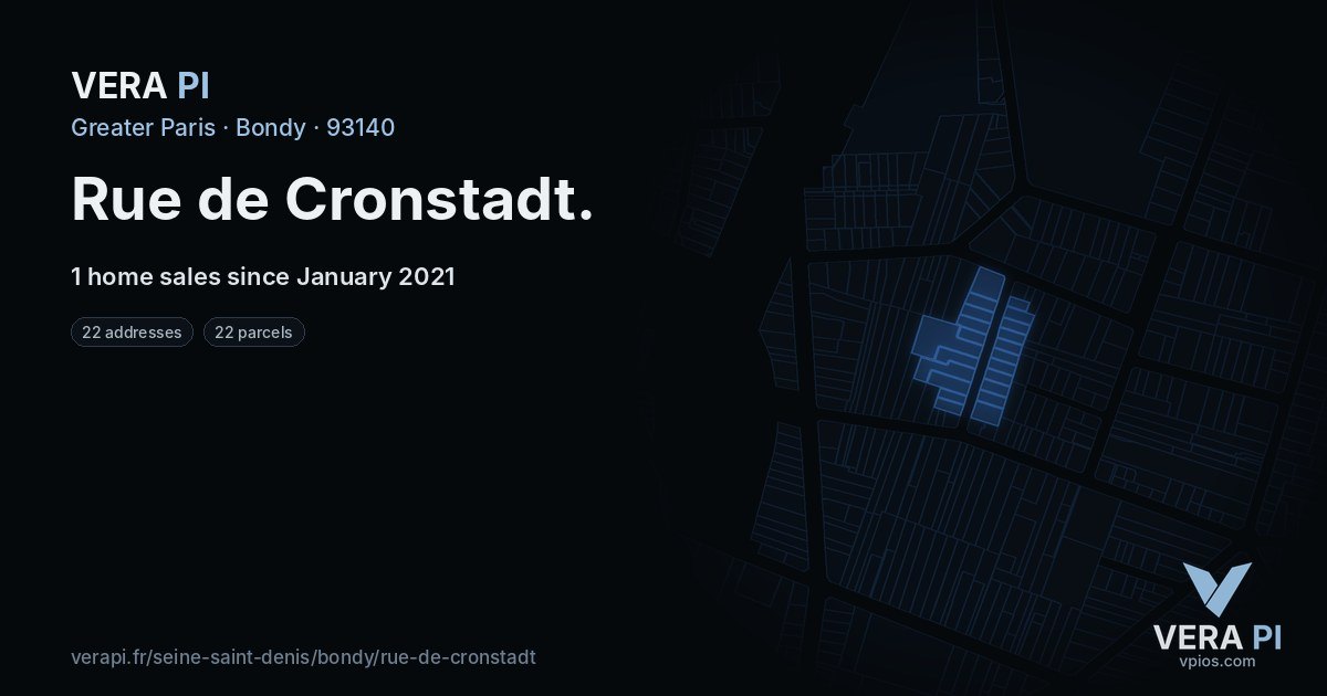 Rue de Cronstadt, Bondy at night – every parcel coloured by the prices around it, the street's own parcels lit