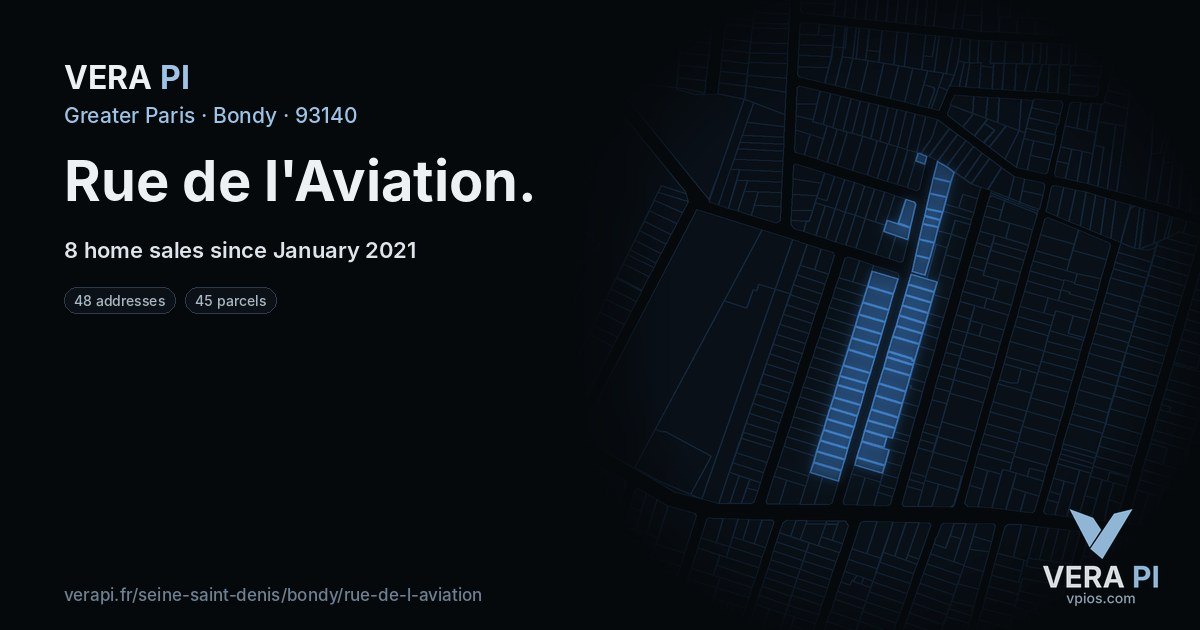 Rue de l'Aviation, Bondy at night – every parcel coloured by the prices around it, the street's own parcels lit