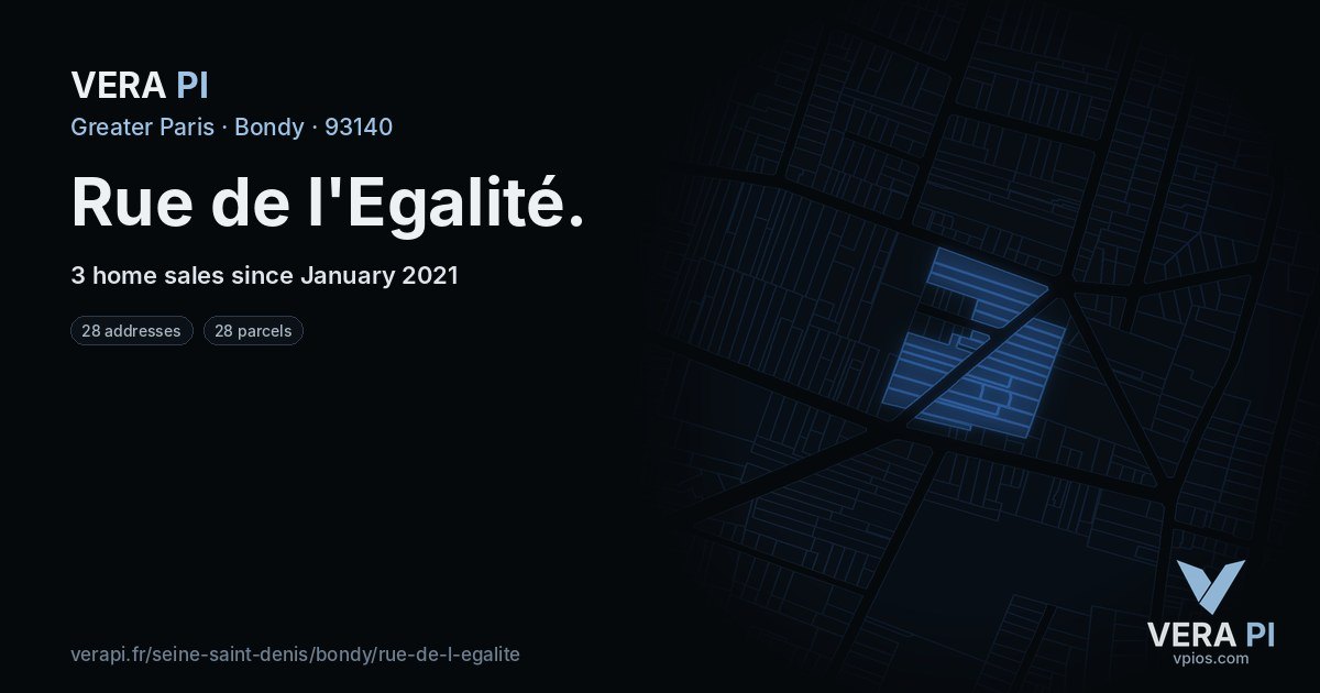Rue de l'Egalité, Bondy at night – every parcel coloured by the prices around it, the street's own parcels lit