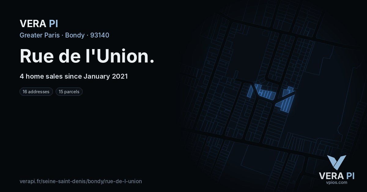 Rue de l'Union, Bondy at night – every parcel coloured by the prices around it, the street's own parcels lit