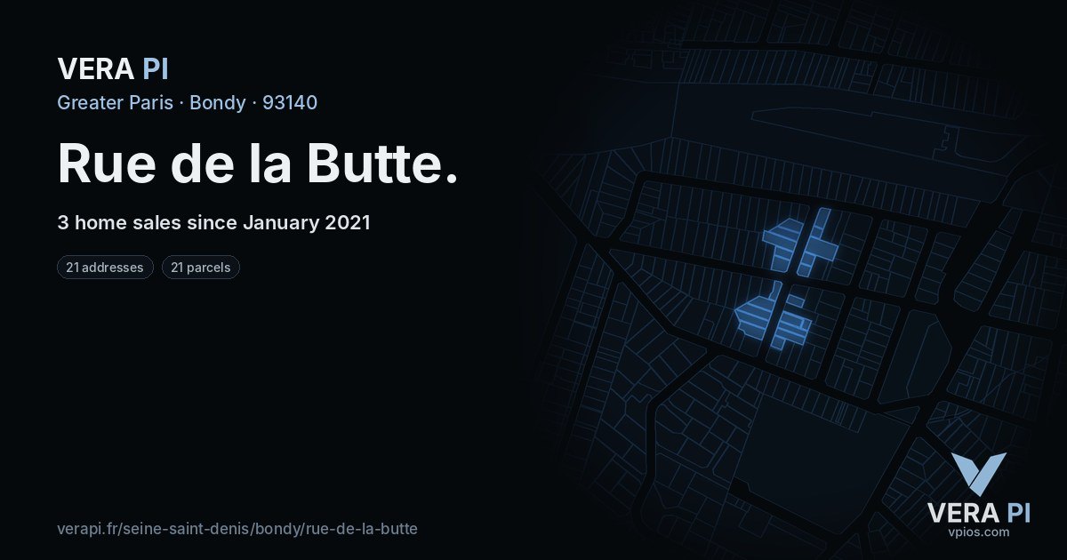 Rue de la Butte, Bondy at night – every parcel coloured by the prices around it, the street's own parcels lit