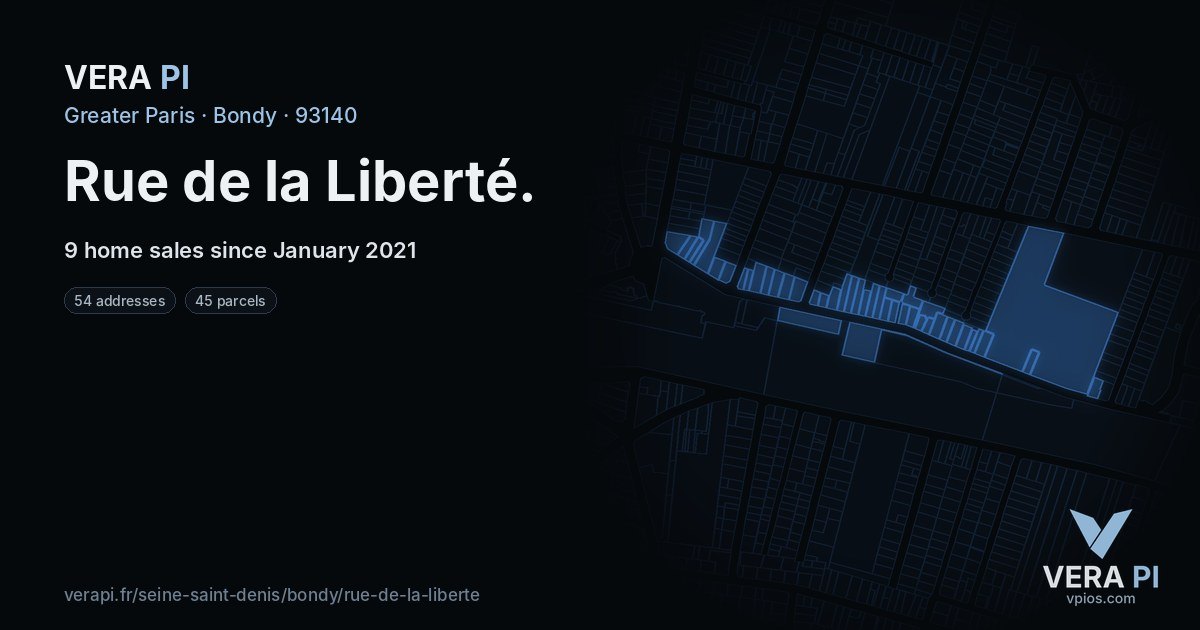 Rue de la Liberté, Bondy at night – every parcel coloured by the prices around it, the street's own parcels lit