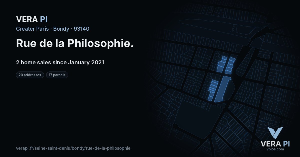 Rue de la Philosophie, Bondy at night – every parcel coloured by the prices around it, the street's own parcels lit