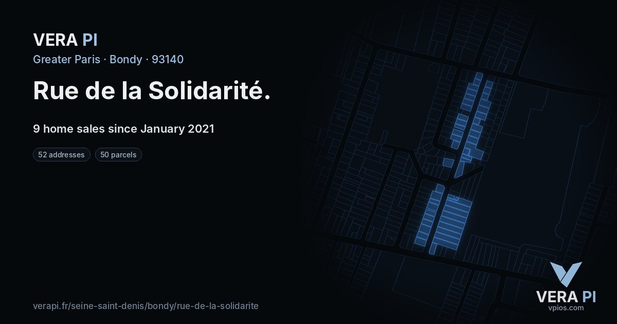 Rue de la Solidarité, Bondy at night – every parcel coloured by the prices around it, the street's own parcels lit