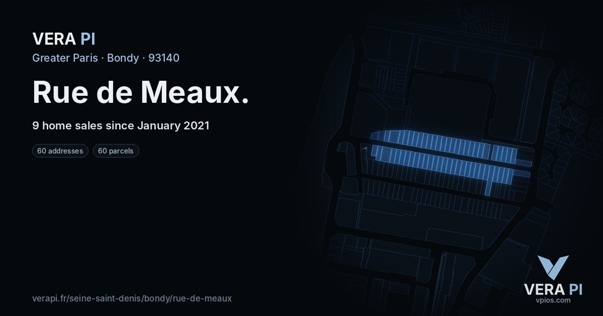 Rue de Meaux, Bondy at night – every parcel coloured by the prices around it, the street's own parcels lit