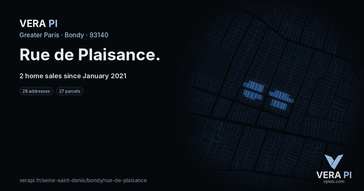 Rue de Plaisance, Bondy at night – every parcel coloured by the prices around it, the street's own parcels lit