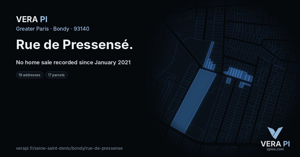 Rue de Pressensé, Bondy at night – every parcel coloured by the prices around it, the street's own parcels lit