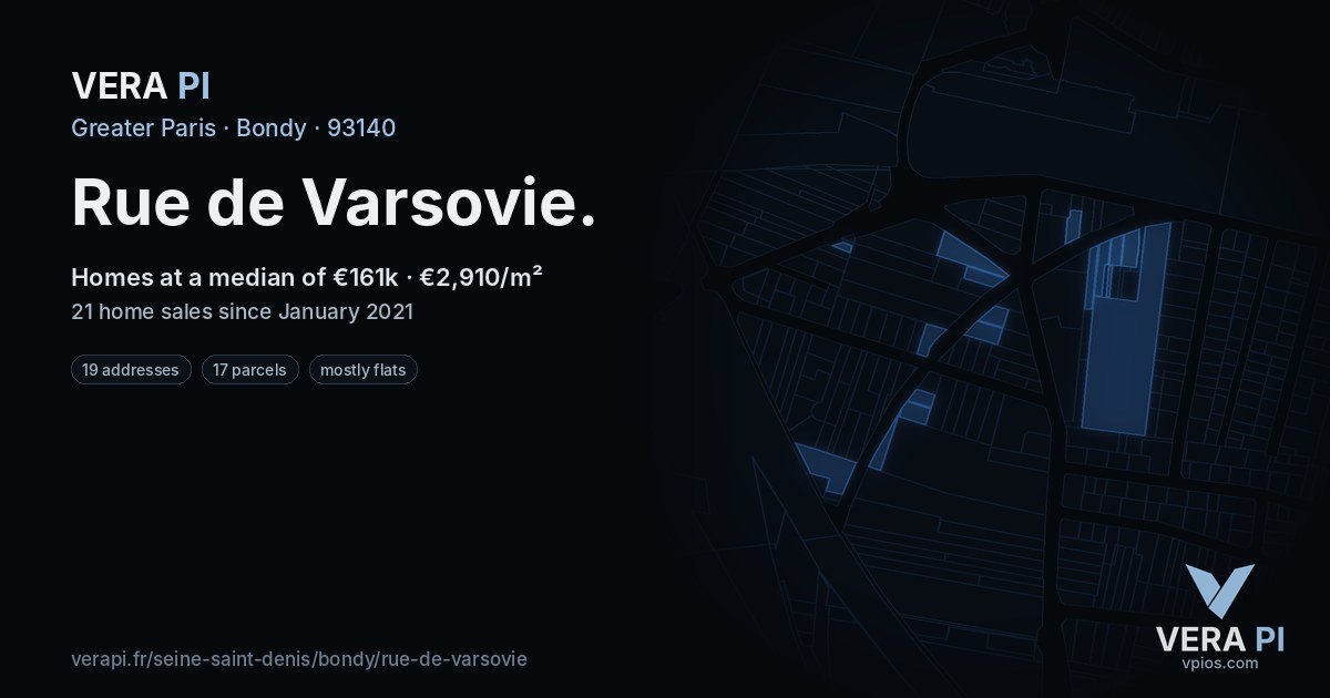 Rue de Varsovie, Bondy at night – every parcel coloured by the prices around it, the street's own parcels lit