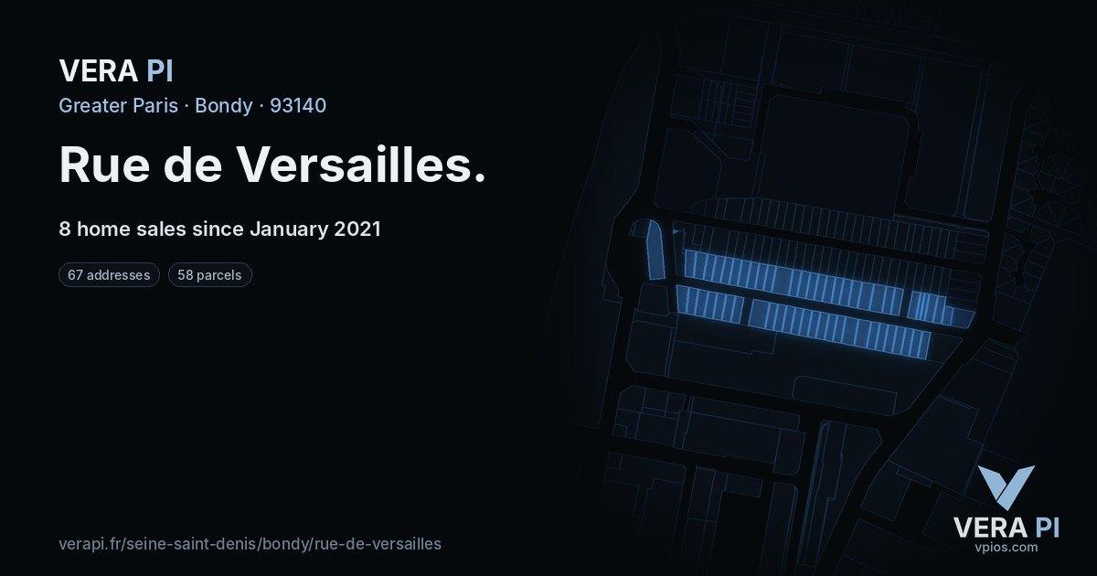 Rue de Versailles, Bondy at night – every parcel coloured by the prices around it, the street's own parcels lit