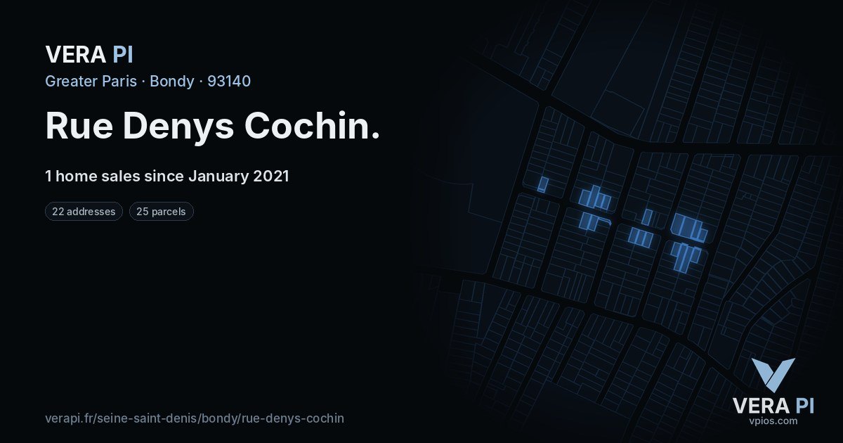 Rue Denys Cochin, Bondy at night – every parcel coloured by the prices around it, the street's own parcels lit