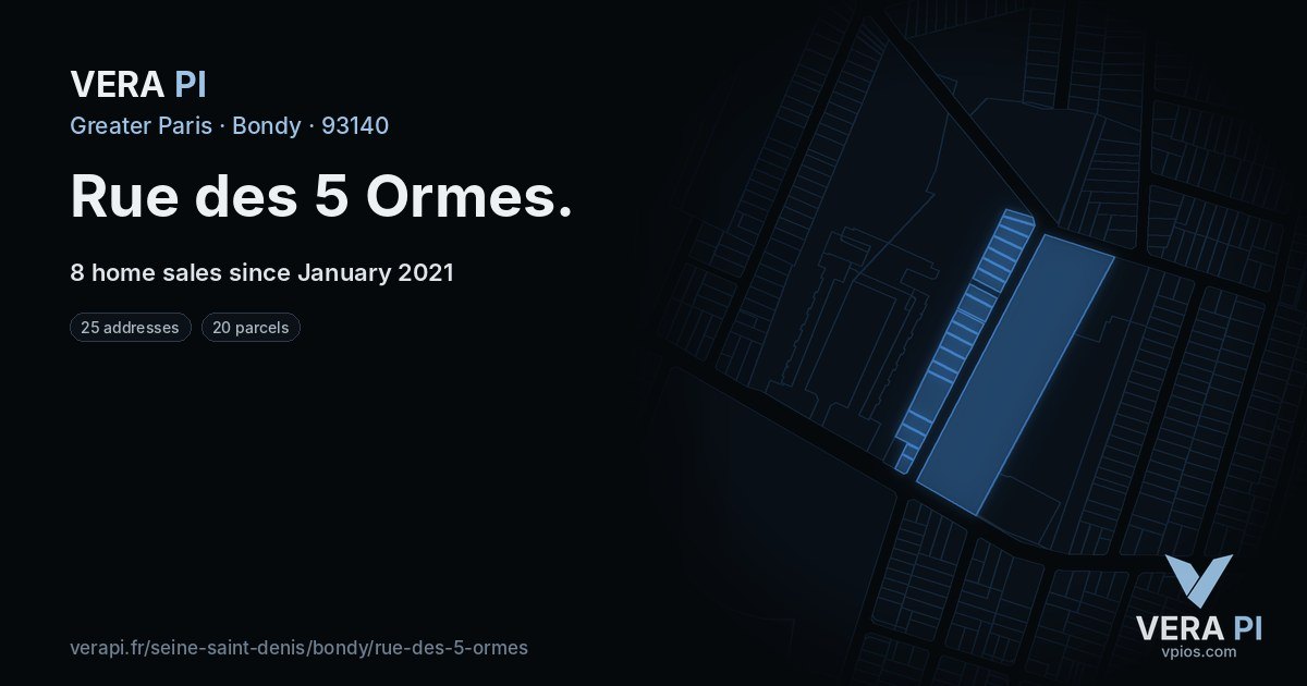 Rue des 5 Ormes, Bondy at night – every parcel coloured by the prices around it, the street's own parcels lit