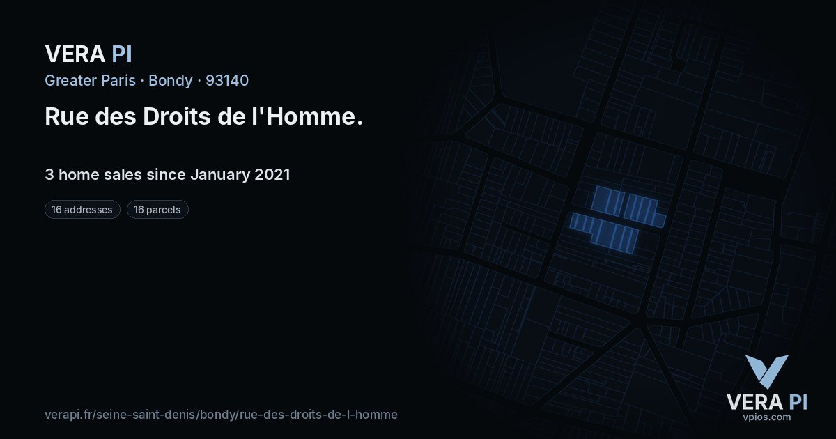 Rue des Droits de l'Homme, Bondy at night – every parcel coloured by the prices around it, the street's own parcels lit