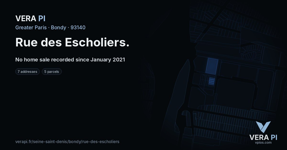 Rue des Escholiers, Bondy at night – every parcel coloured by the prices around it, the street's own parcels lit