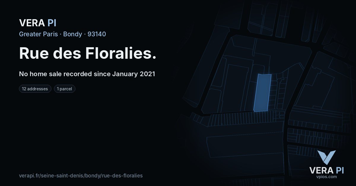 Rue des Floralies, Bondy at night – every parcel coloured by the prices around it, the street's own parcels lit