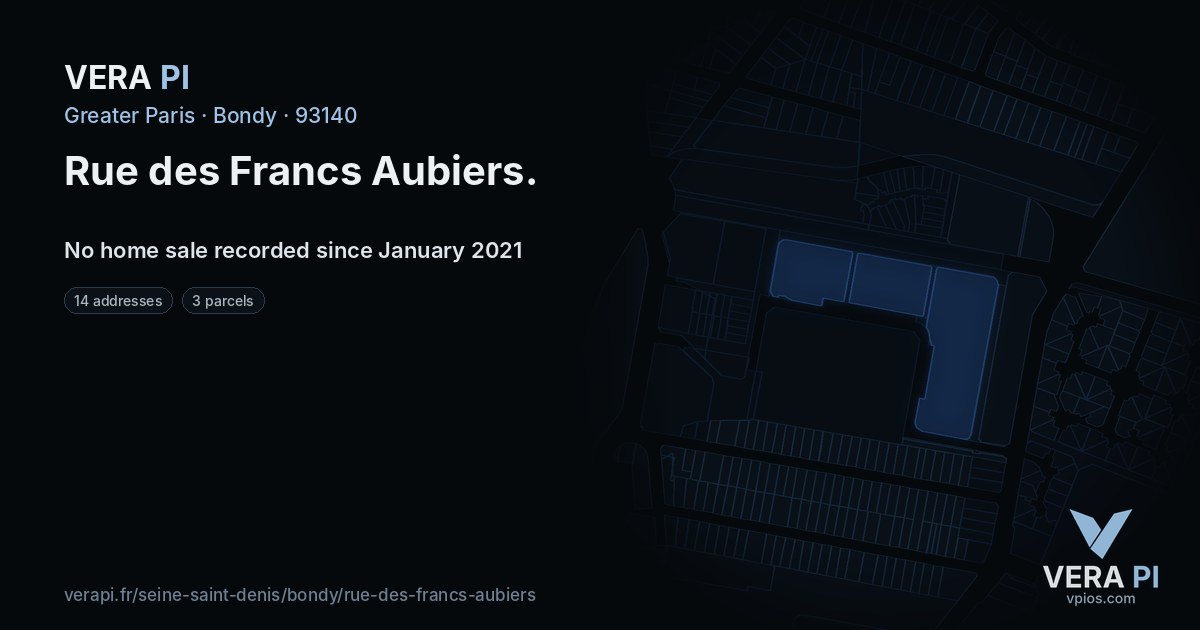 Rue des Francs Aubiers, Bondy at night – every parcel coloured by the prices around it, the street's own parcels lit