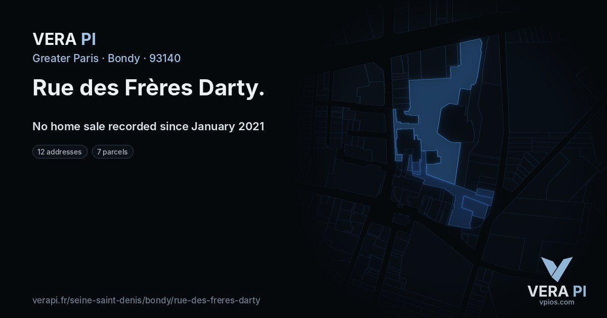 Rue des Frères Darty, Bondy at night – every parcel coloured by the prices around it, the street's own parcels lit