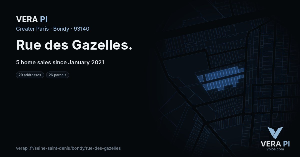 Rue des Gazelles, Bondy at night – every parcel coloured by the prices around it, the street's own parcels lit