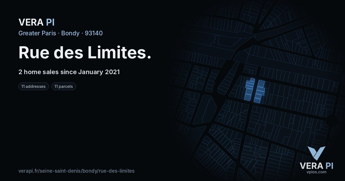 Rue des Limites, Bondy at night – every parcel coloured by the prices around it, the street's own parcels lit
