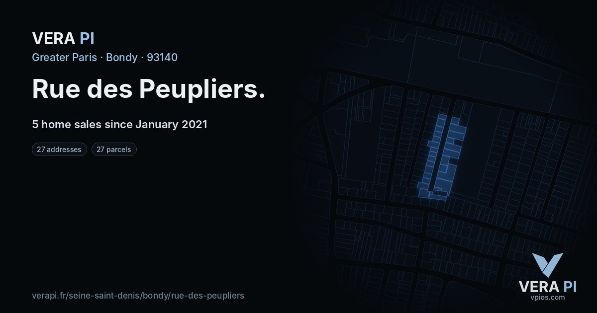 Rue des Peupliers, Bondy at night – every parcel coloured by the prices around it, the street's own parcels lit