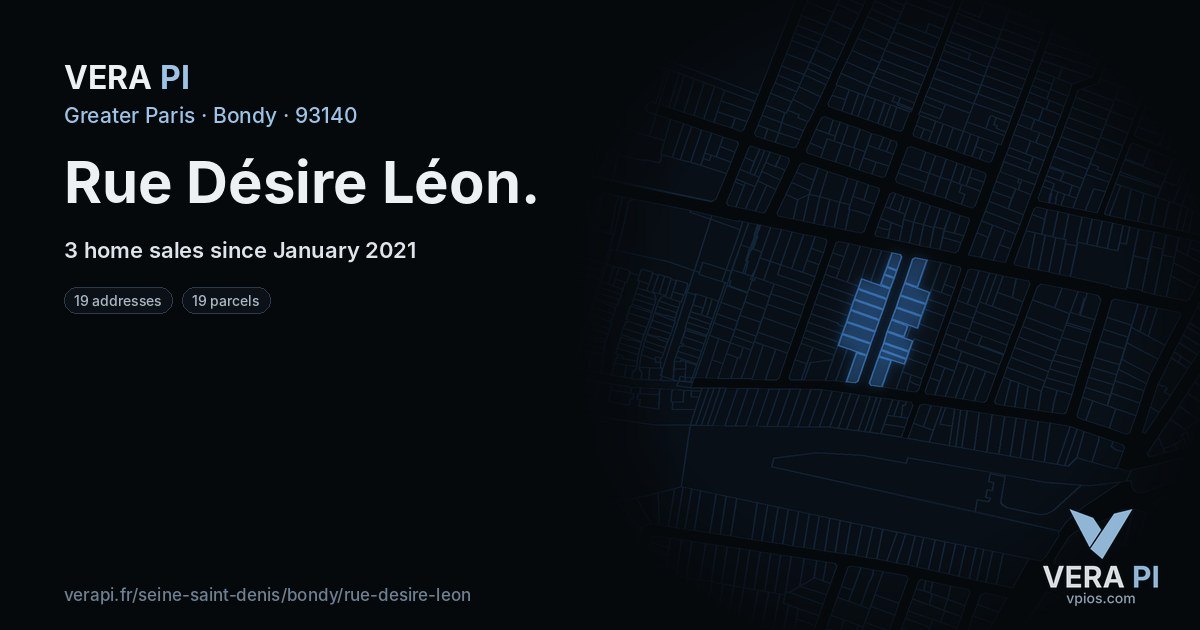 Rue Désire Léon, Bondy at night – every parcel coloured by the prices around it, the street's own parcels lit
