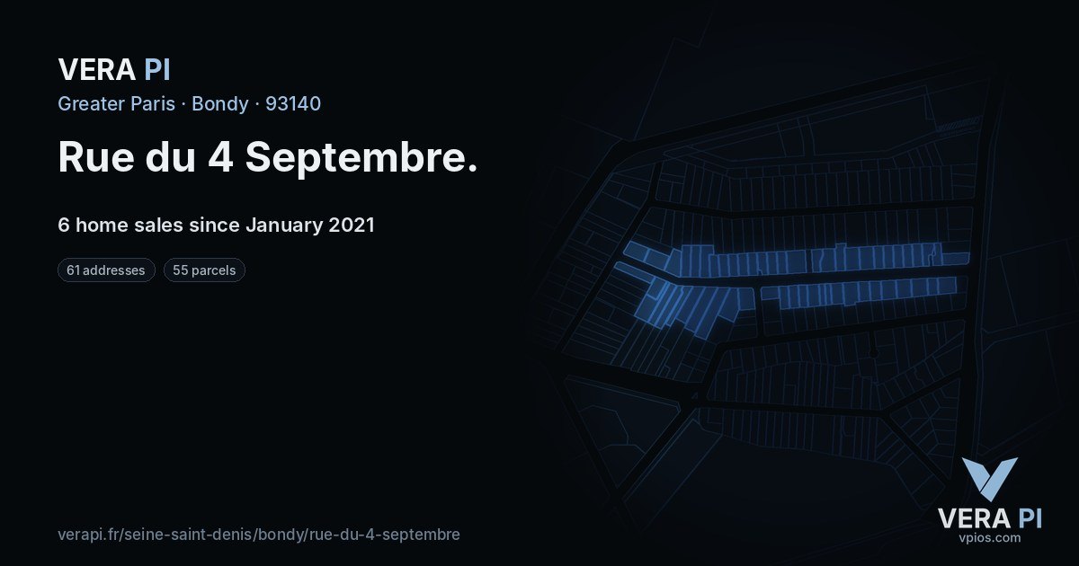 Rue du 4 Septembre, Bondy at night – every parcel coloured by the prices around it, the street's own parcels lit