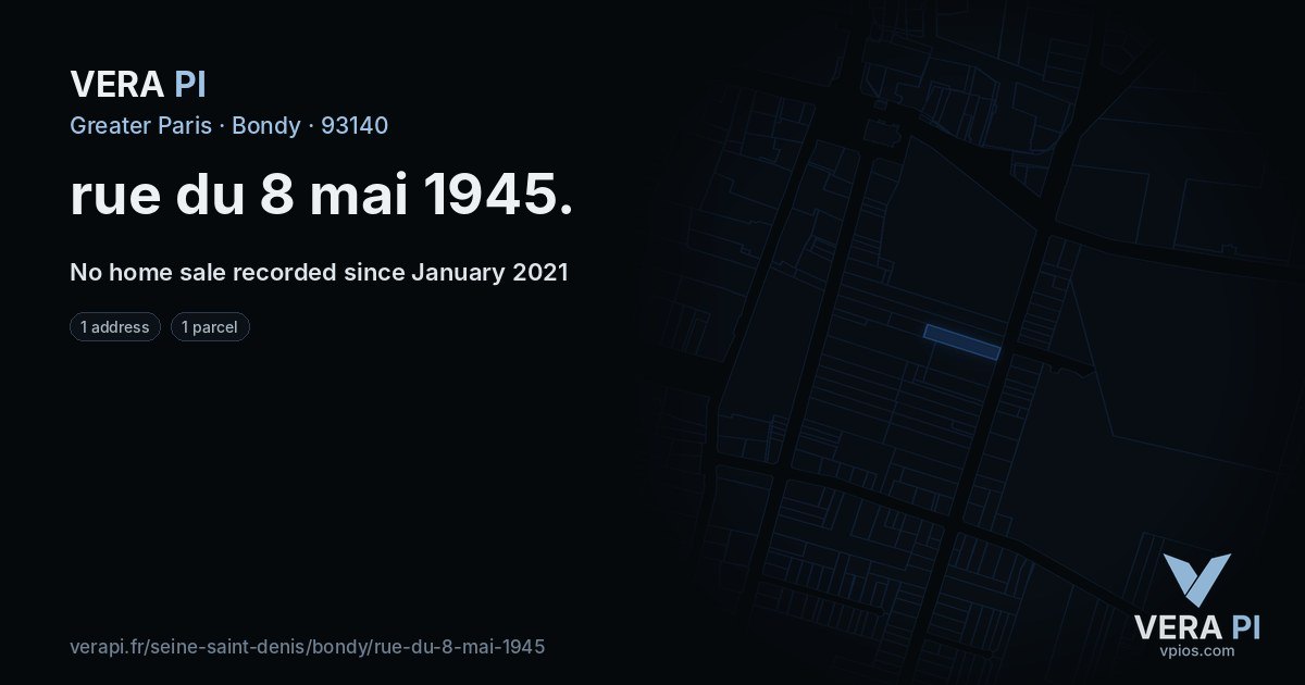 rue du 8 mai 1945, Bondy at night – every parcel coloured by the prices around it, the street's own parcels lit
