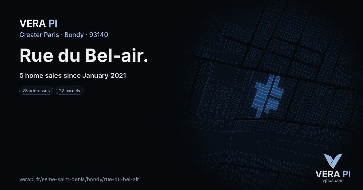 Rue du Bel-air, Bondy at night – every parcel coloured by the prices around it, the street's own parcels lit