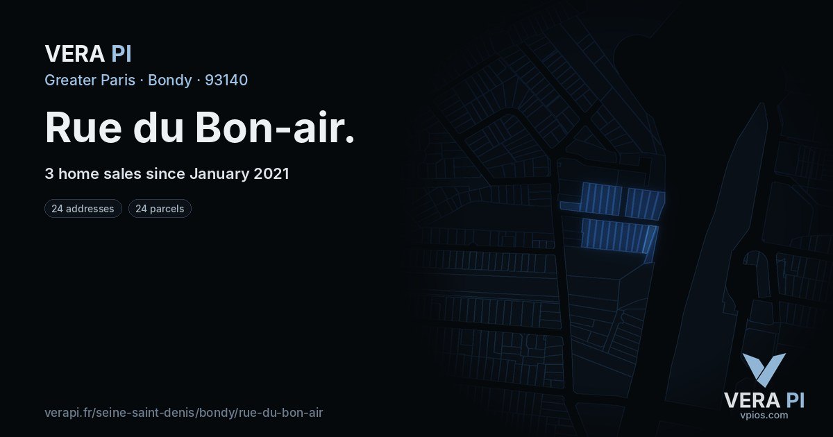 Rue du Bon-air, Bondy at night – every parcel coloured by the prices around it, the street's own parcels lit