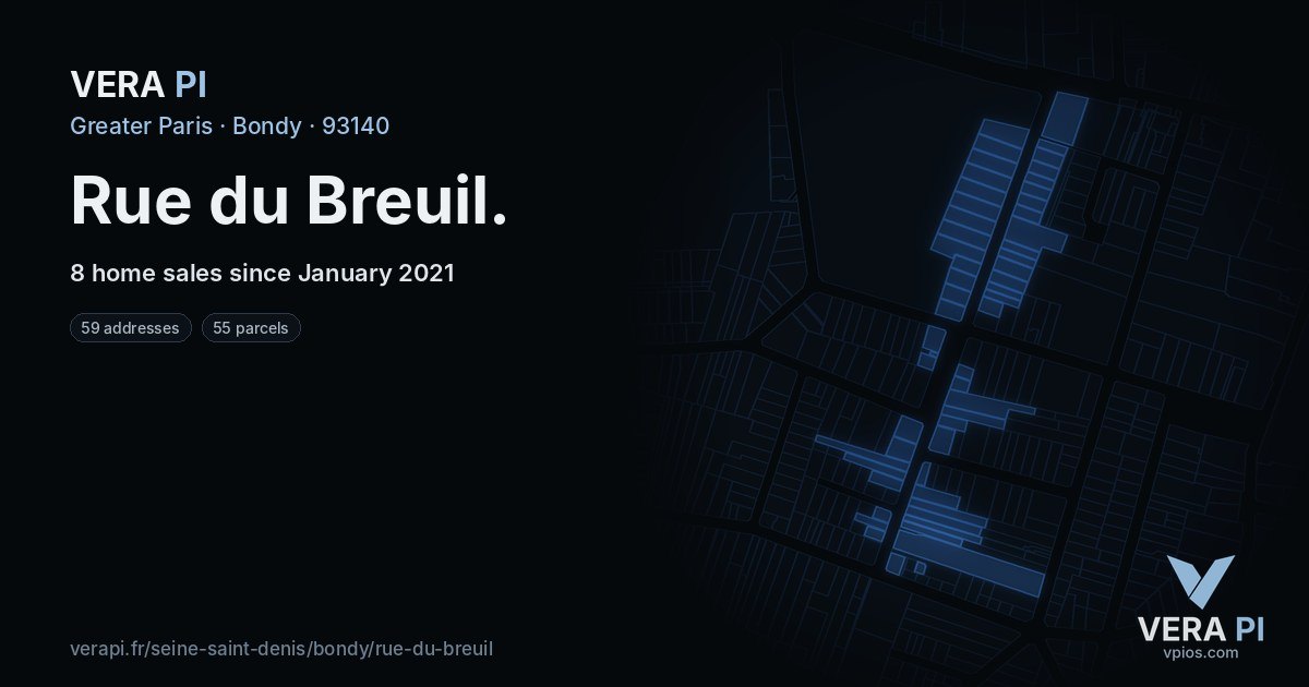 Rue du Breuil, Bondy at night – every parcel coloured by the prices around it, the street's own parcels lit