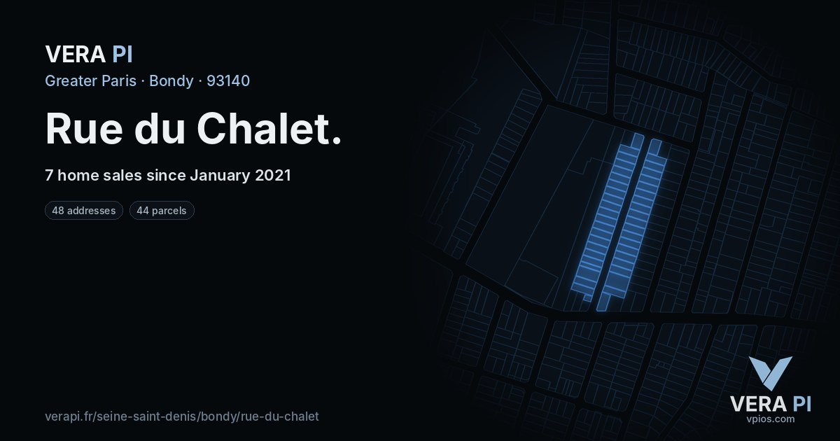 Rue du Chalet, Bondy at night – every parcel coloured by the prices around it, the street's own parcels lit