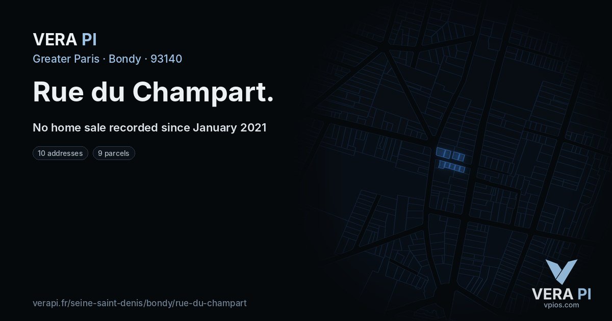 Rue du Champart, Bondy at night – every parcel coloured by the prices around it, the street's own parcels lit