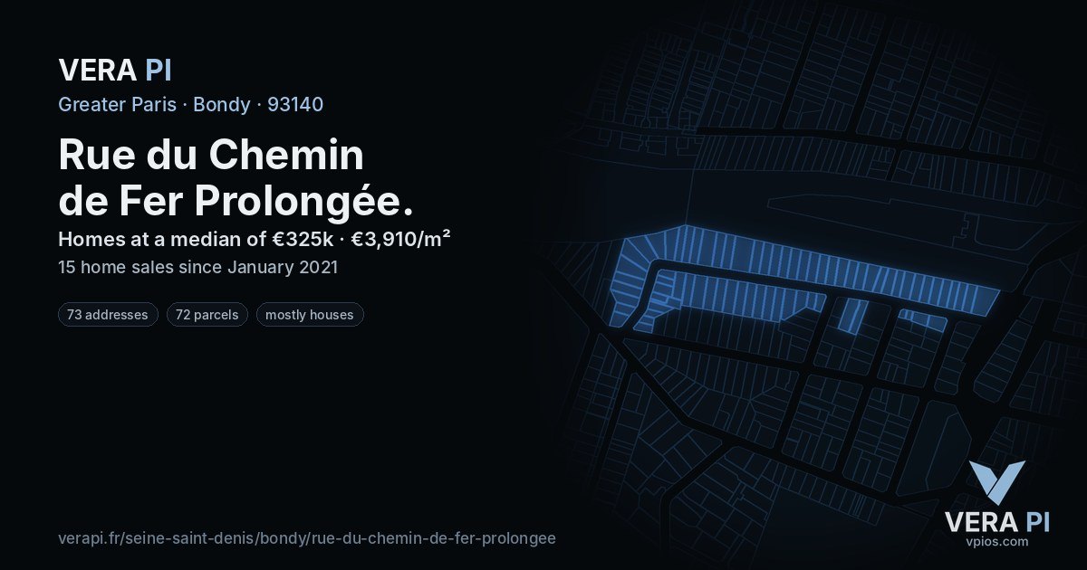 Rue du Chemin de Fer Prolongée, Bondy at night – every parcel coloured by the prices around it, the street's own parcels lit
