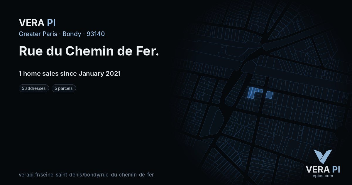 Rue du Chemin de Fer, Bondy at night – every parcel coloured by the prices around it, the street's own parcels lit