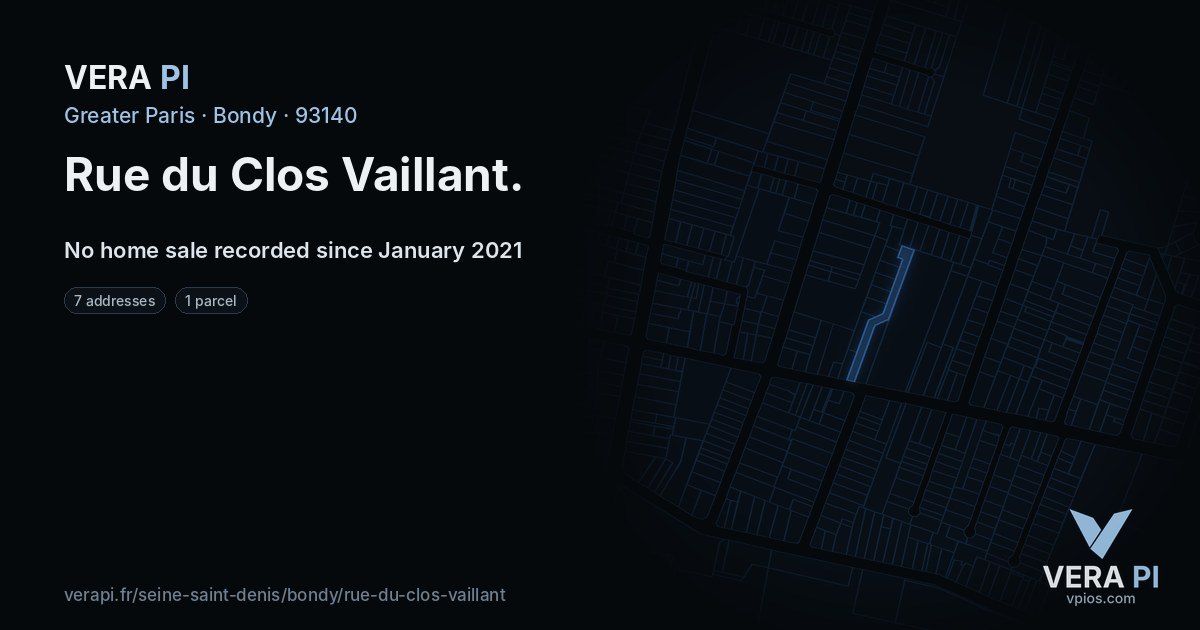 Rue du Clos Vaillant, Bondy at night – every parcel coloured by the prices around it, the street's own parcels lit