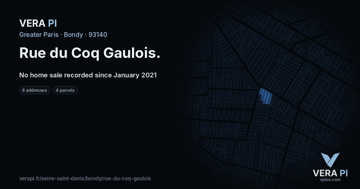 Rue du Coq Gaulois, Bondy at night – every parcel coloured by the prices around it, the street's own parcels lit