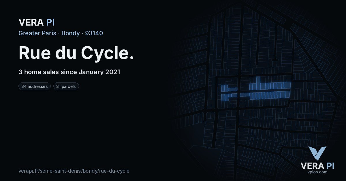 Rue du Cycle, Bondy at night – every parcel coloured by the prices around it, the street's own parcels lit