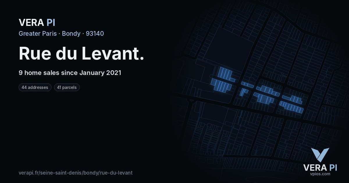 Rue du Levant, Bondy at night – every parcel coloured by the prices around it, the street's own parcels lit