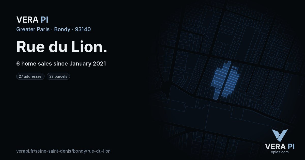 Rue du Lion, Bondy at night – every parcel coloured by the prices around it, the street's own parcels lit