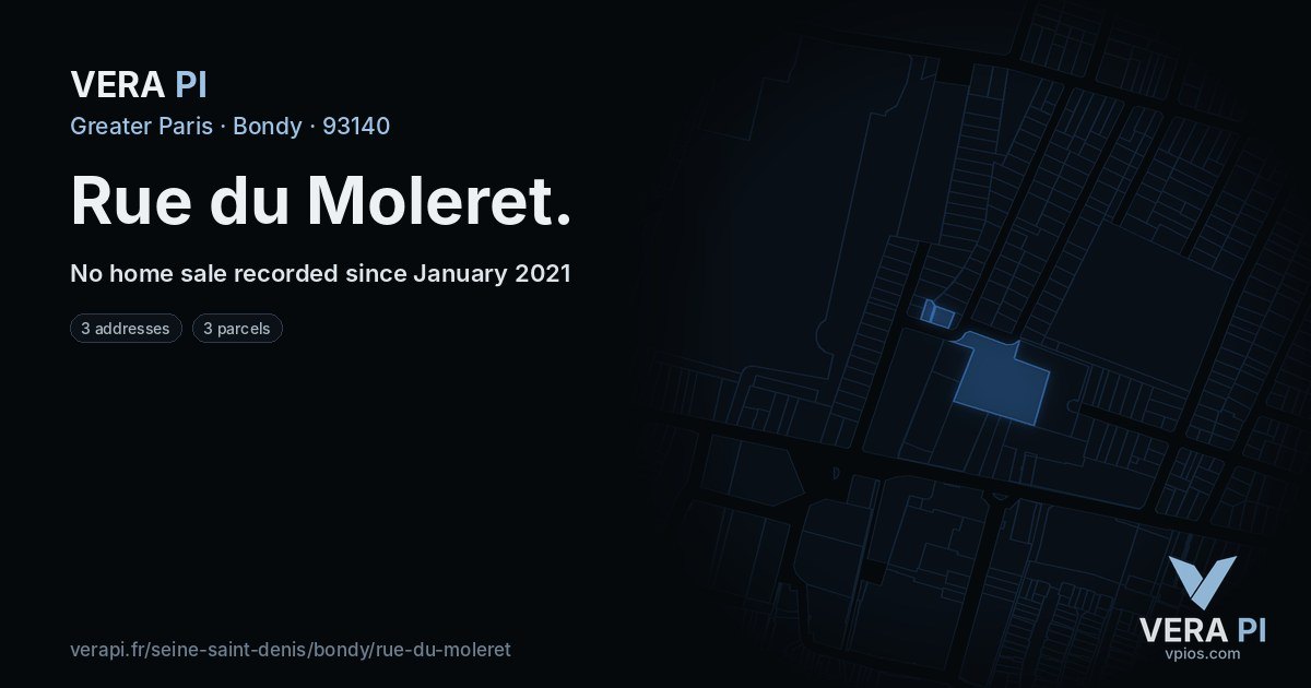 Rue du Moleret, Bondy at night – every parcel coloured by the prices around it, the street's own parcels lit