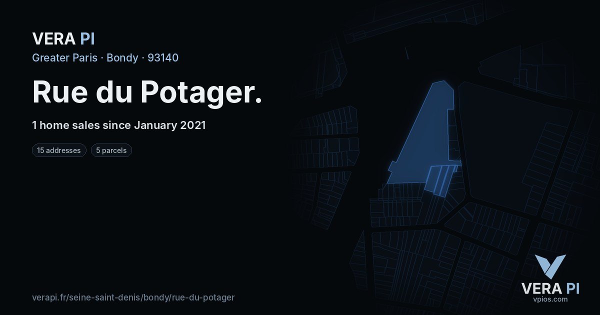 Rue du Potager, Bondy at night – every parcel coloured by the prices around it, the street's own parcels lit