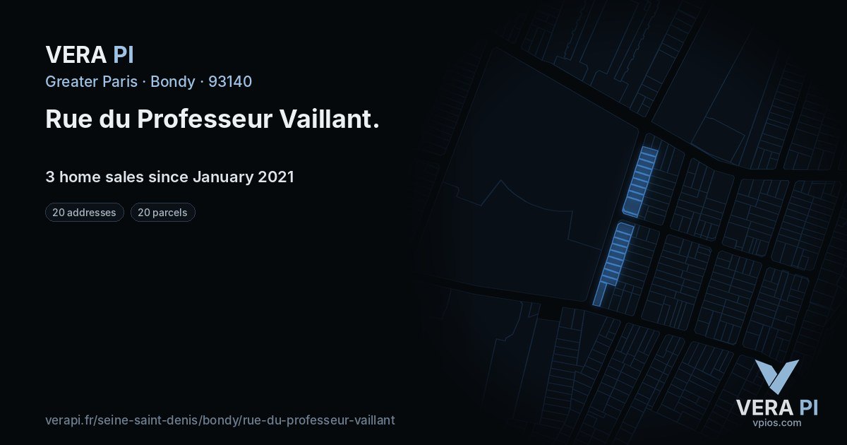 Rue du Professeur Vaillant, Bondy at night – every parcel coloured by the prices around it, the street's own parcels lit