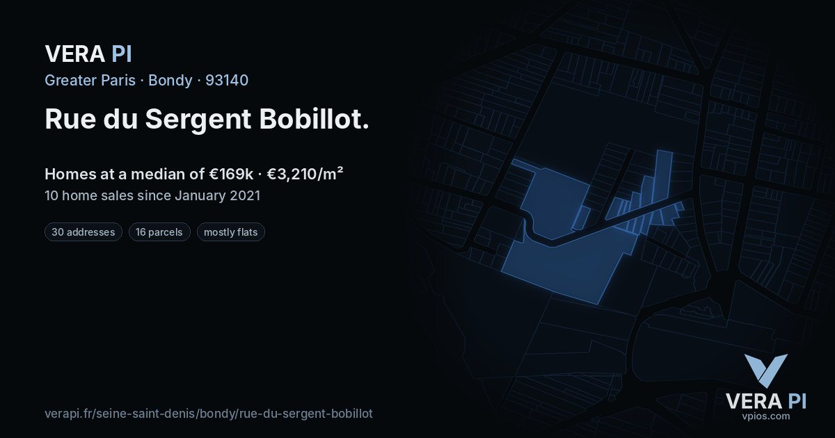 Rue du Sergent Bobillot, Bondy at night – every parcel coloured by the prices around it, the street's own parcels lit