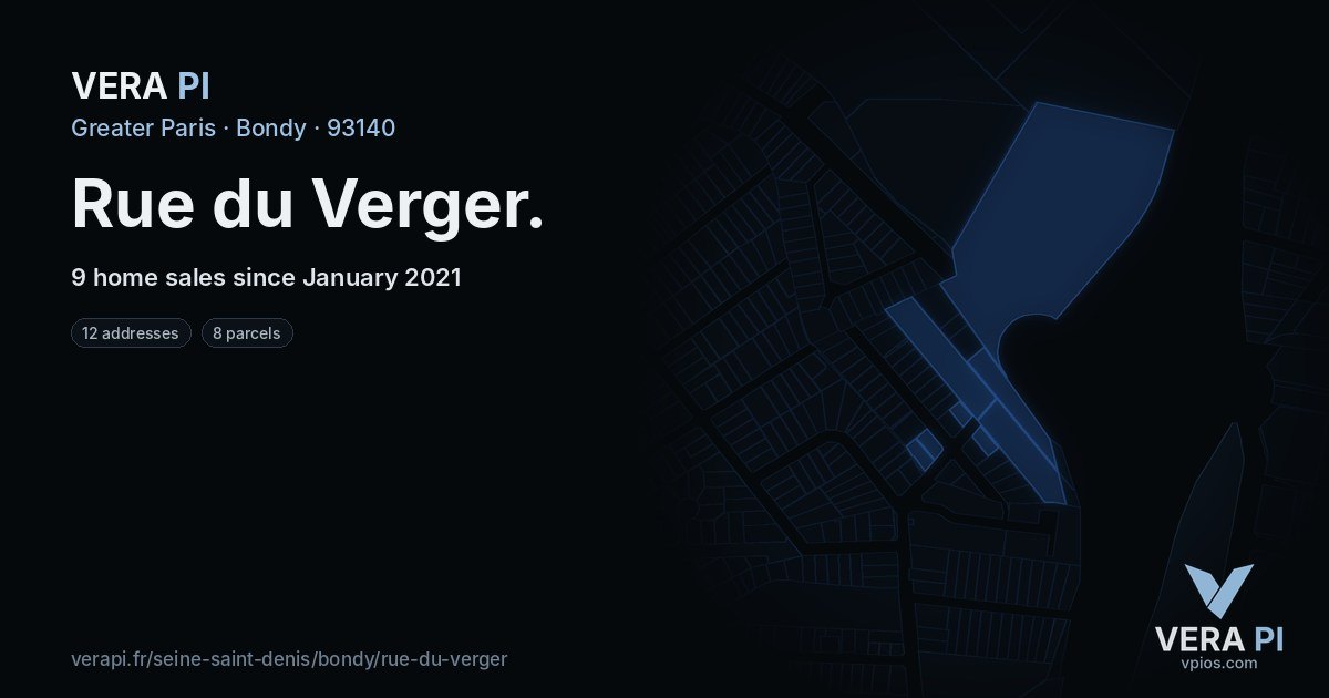 Rue du Verger, Bondy at night – every parcel coloured by the prices around it, the street's own parcels lit