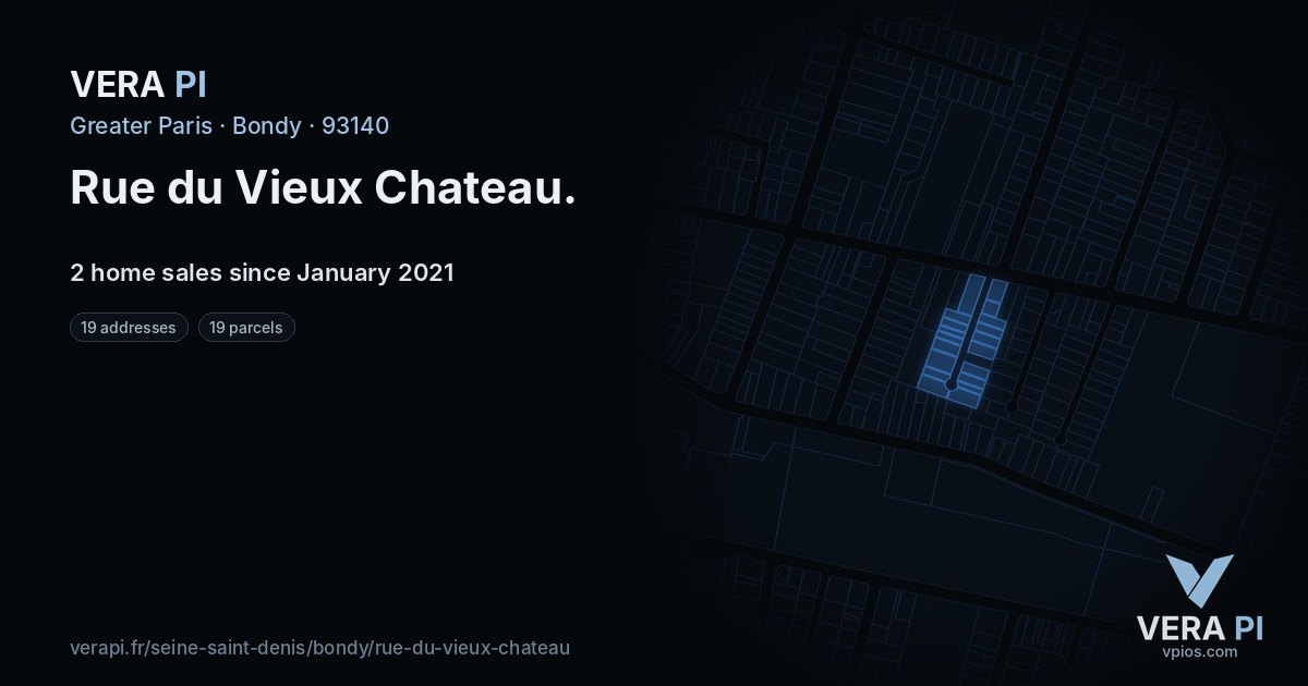 Rue du Vieux Chateau, Bondy at night – every parcel coloured by the prices around it, the street's own parcels lit